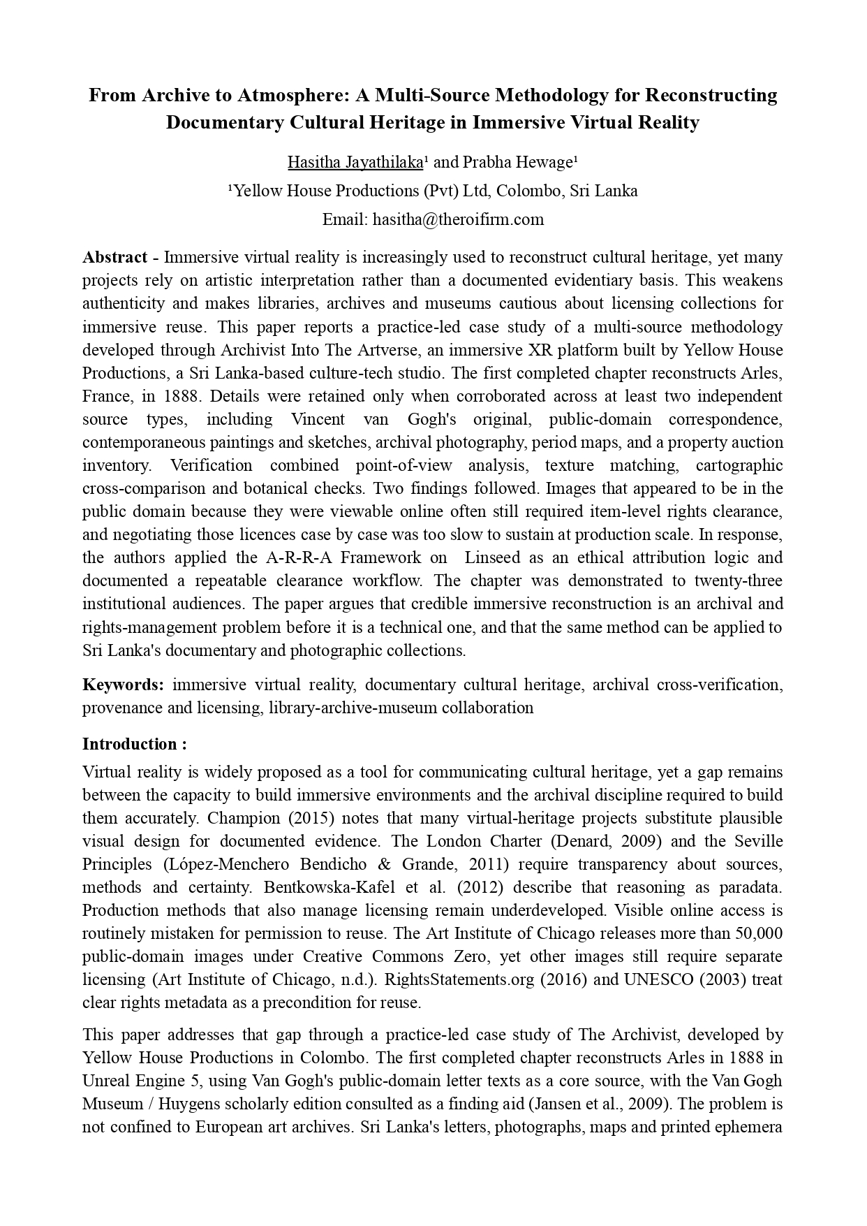 From Archive to Atmosphere: A Multi-Source Methodology for Reconstructing Documentary Cultural Heritage in Immersive Virtual Reality - cover